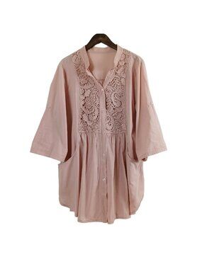 Crochet Lace Front Cotton Tunic Blouse